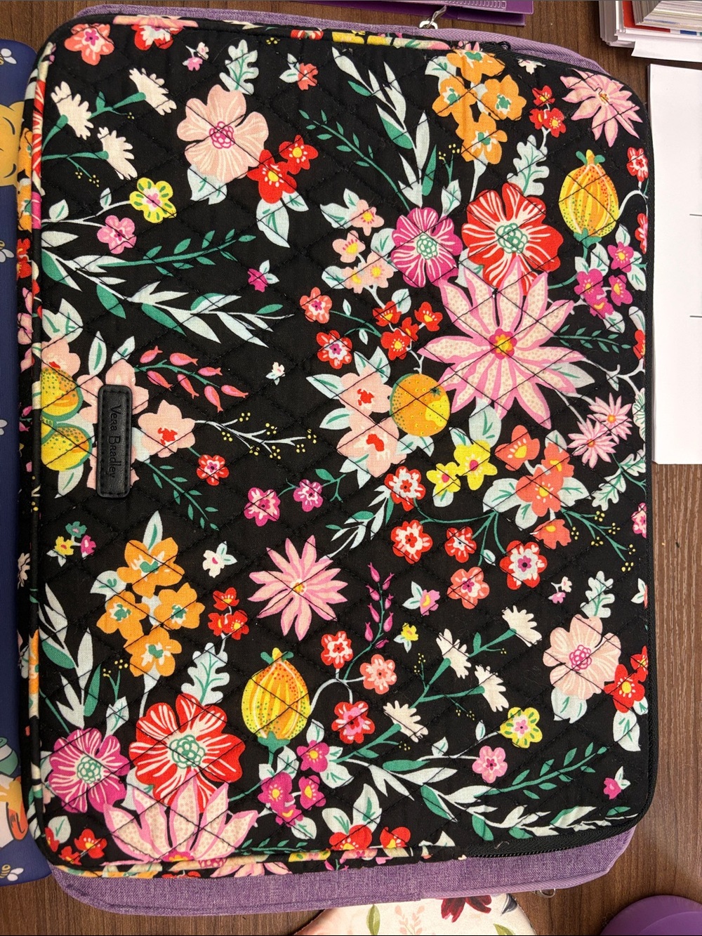 Vera Bradley Black Quilted Laptop Sleeve with Bright Floral Print
